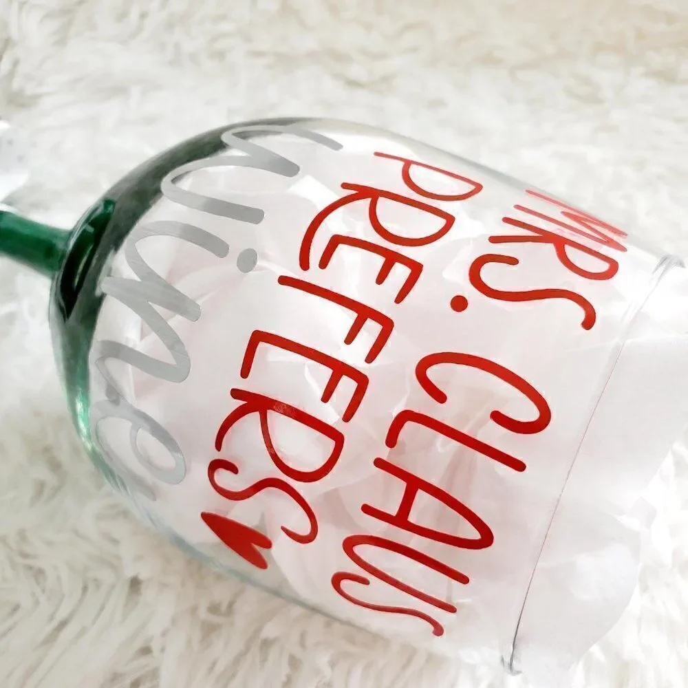 Mrs Claus Prefers Wine Green Glittered Stemmed Wine Glass, Funny Christmas Glass